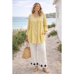 Tahari Womens 1X Yellow 100% Linen Button Up Tunic Blouse Roll Tab Sleeve